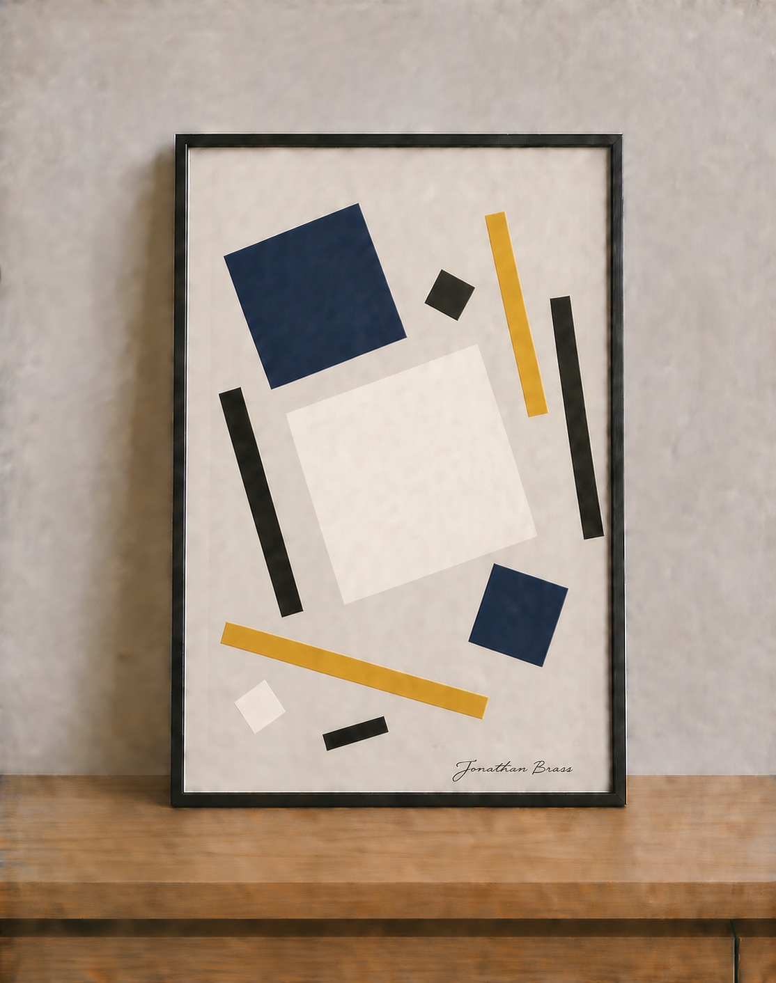 Abstract geometric art on wooden shelf