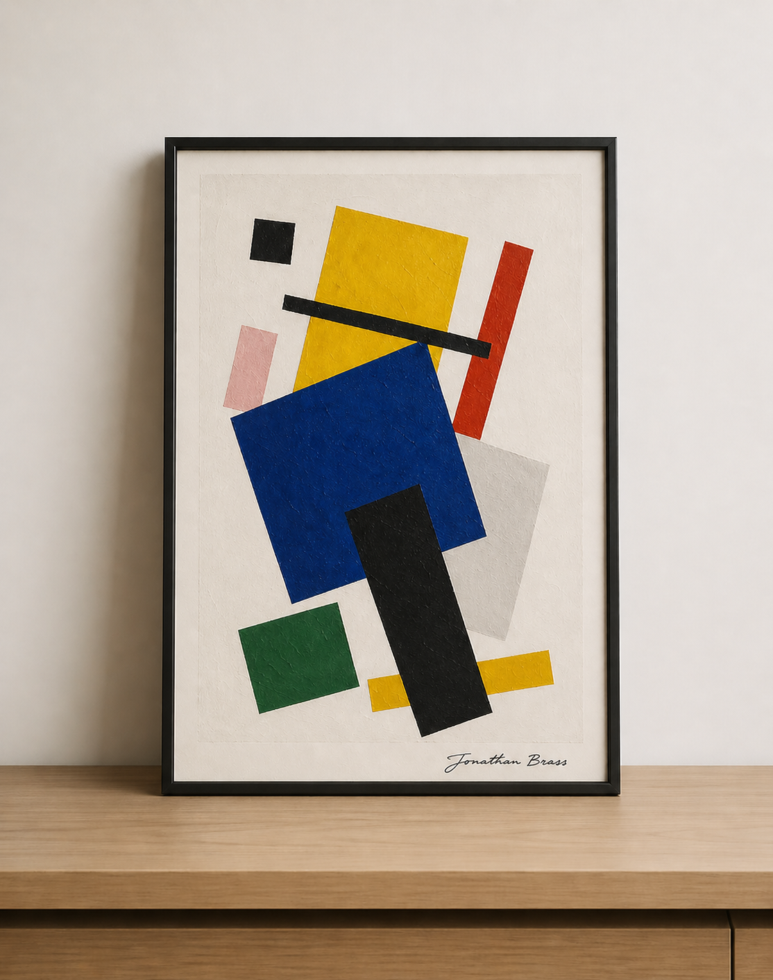 Abstract geometric artwork on wooden surface