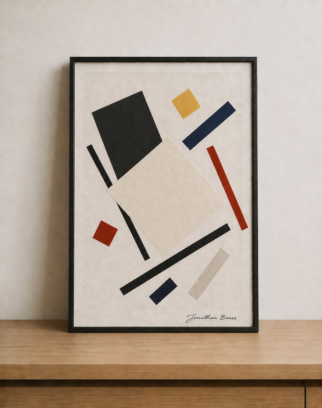 Abstract geometric print on wood console