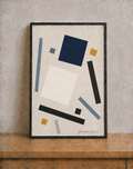 Abstract geometry on warm wood shelf