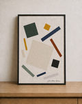 Abstract shapes on minimalist wood shelf