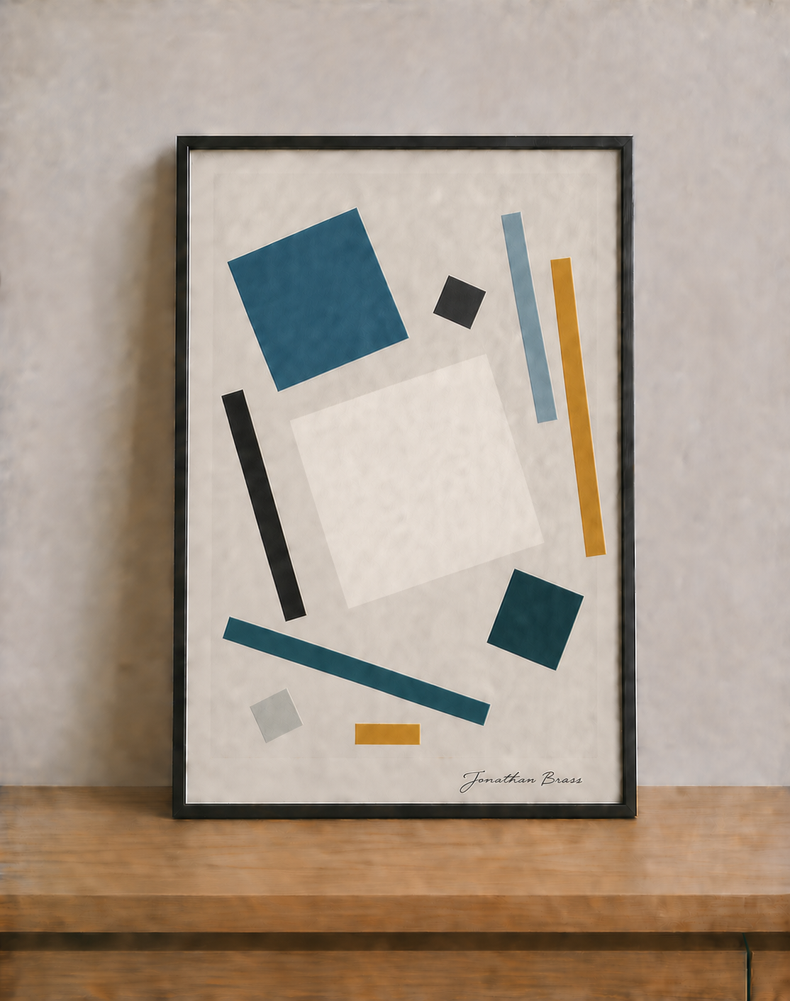Minimalist abstract art on wooden surface